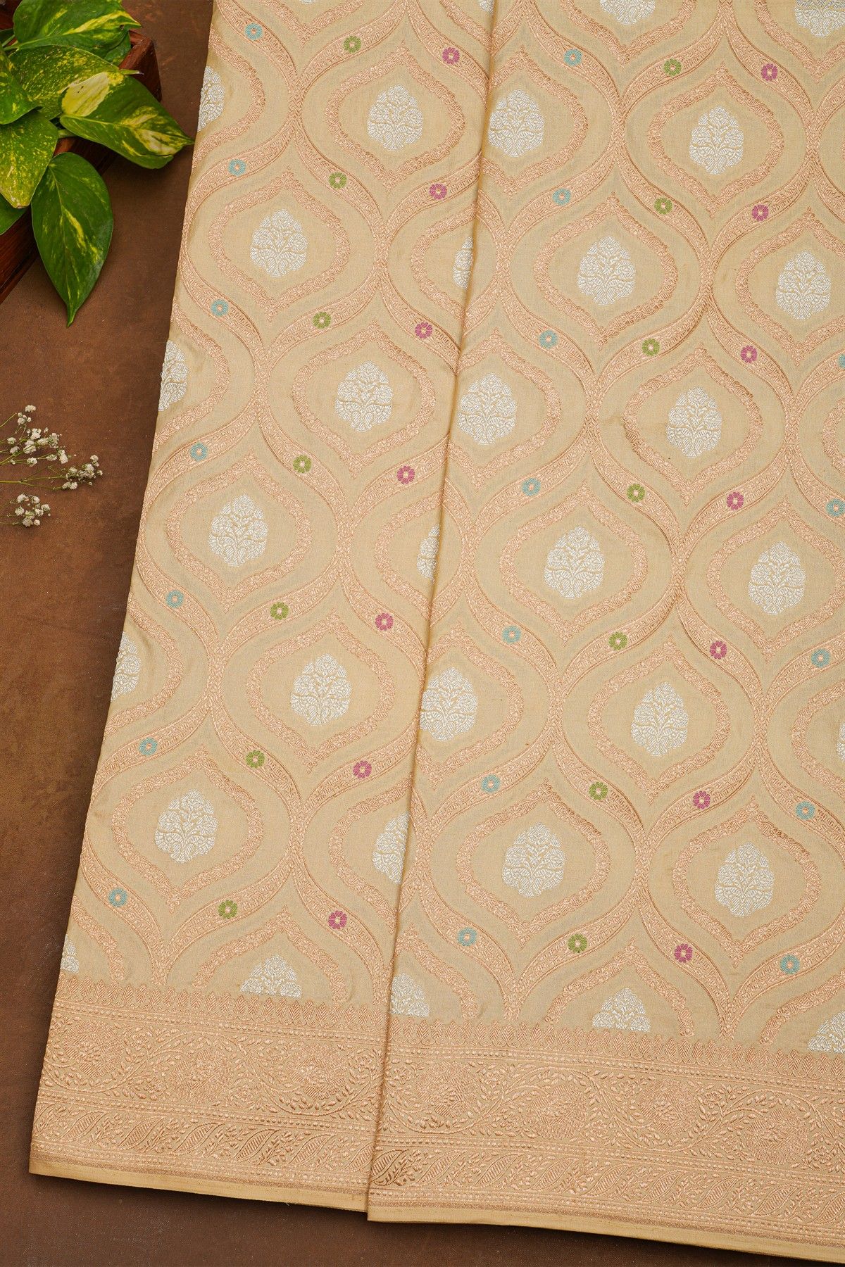 Banarasi Silk Beige Saree With Florals And Leaves Jaal Border