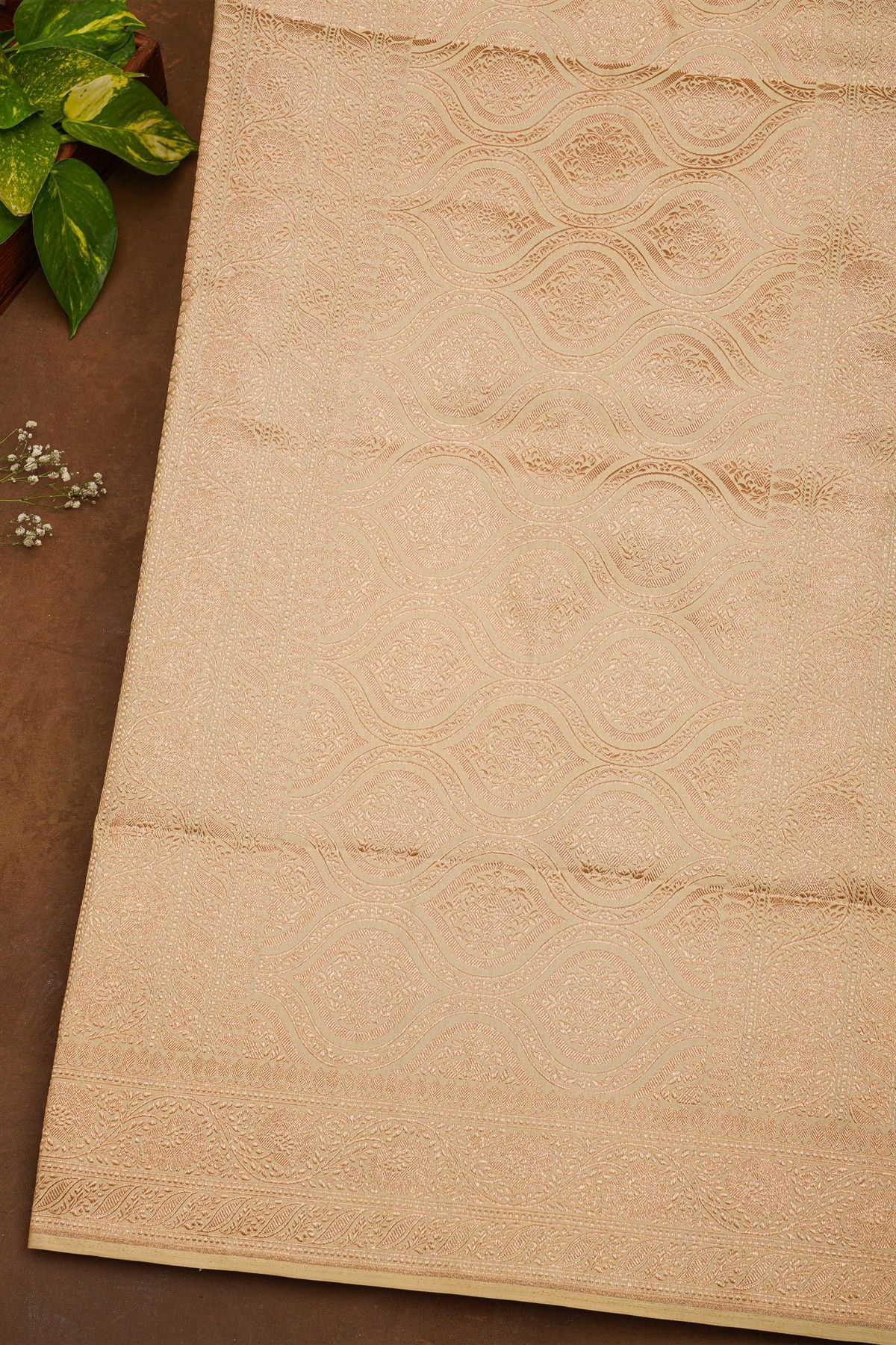 Banarasi Silk Beige Saree With Florals And Leaves Jaal Border