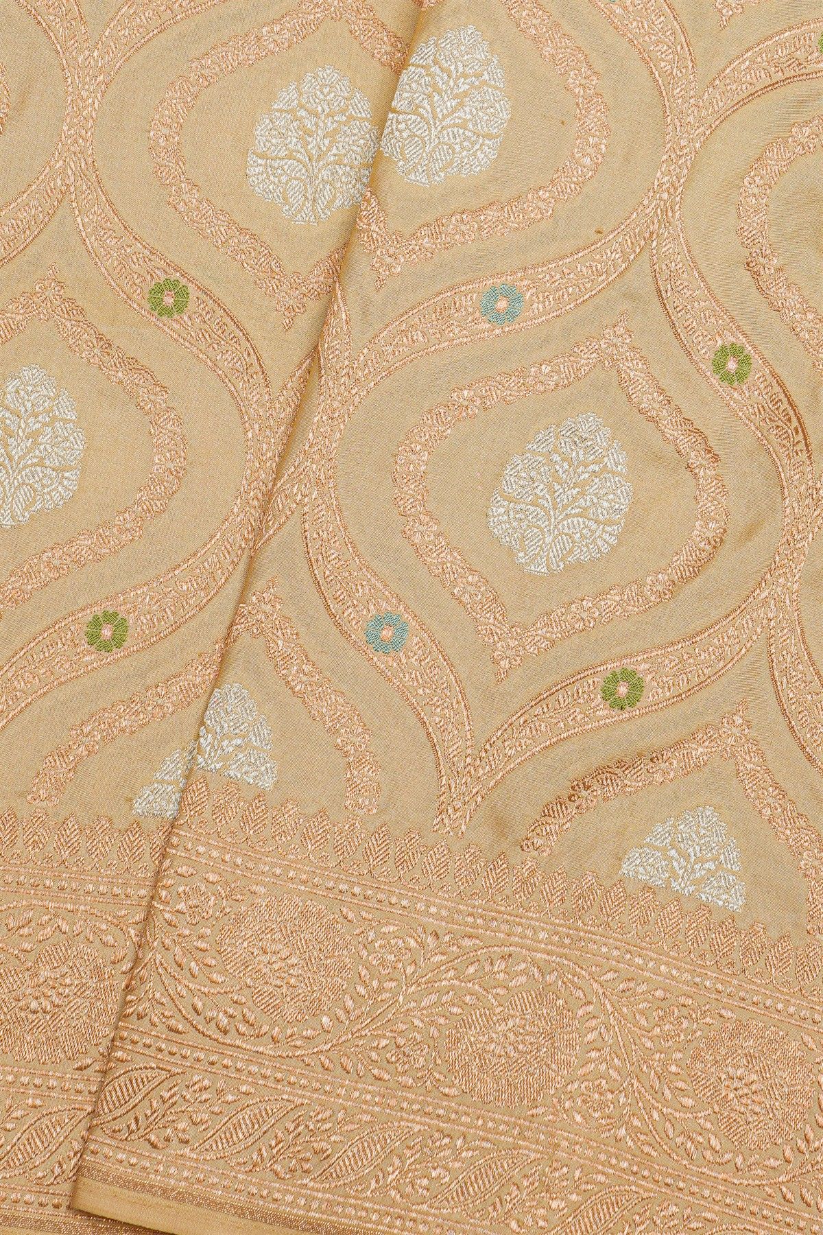 Banarasi Silk Beige Saree With Florals And Leaves Jaal Border