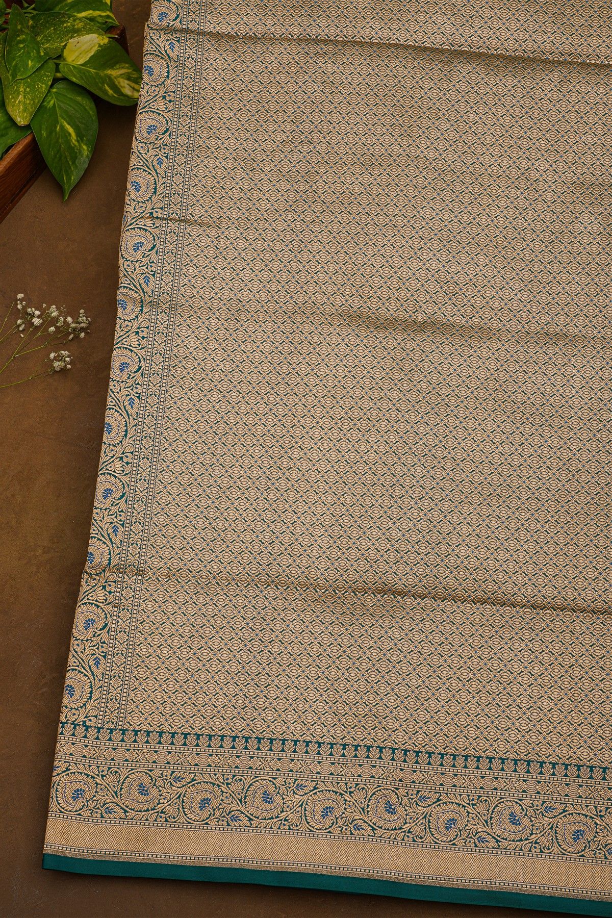 Banarasi Silk Peacock Blue Saree With Florals And Leaves Jaal Border