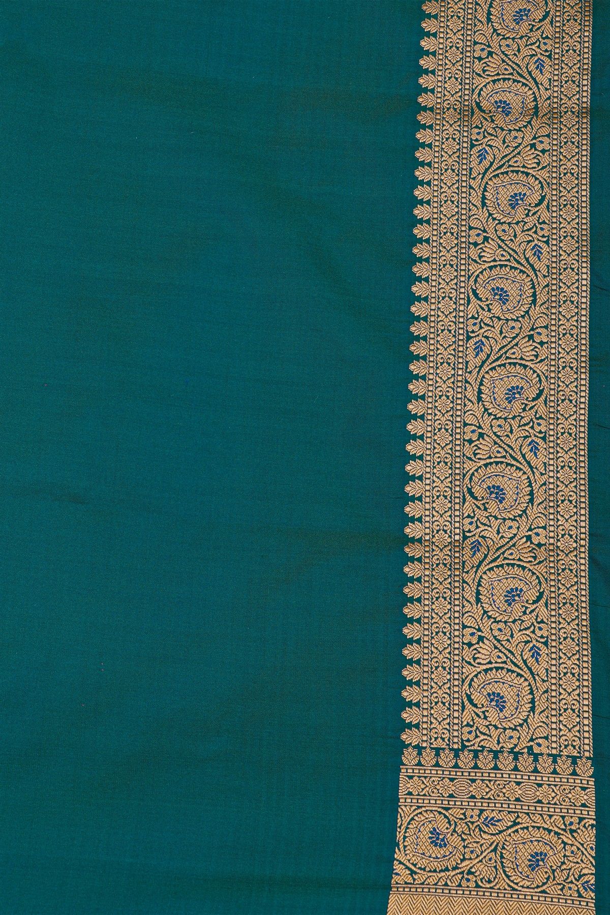 Banarasi Silk Peacock Blue Saree With Florals And Leaves Jaal Border