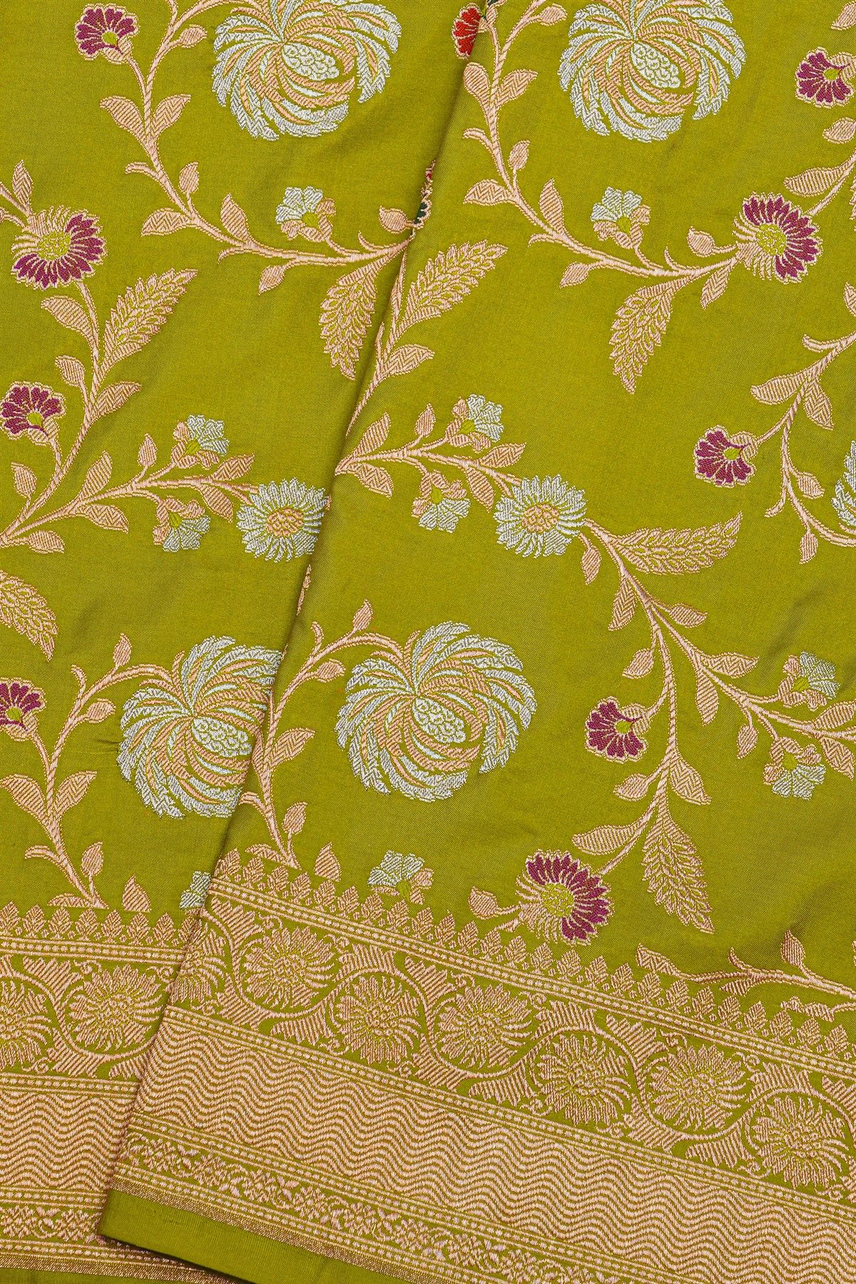 Banarasi Silk Mehendi Green Saree With Florals And Leaves Jaal Border