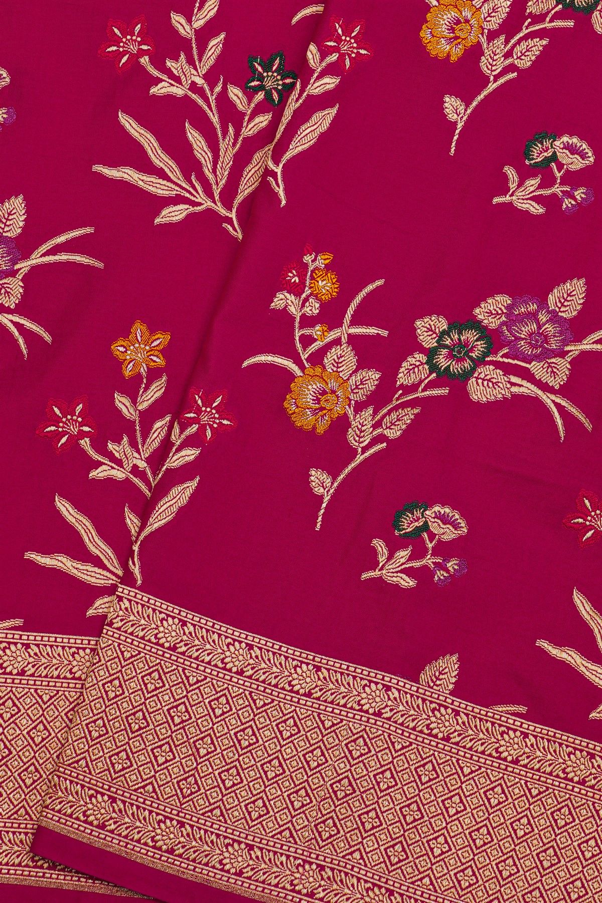 Banarasi Silk Pink Saree With Florals And Leaves Jaal Border