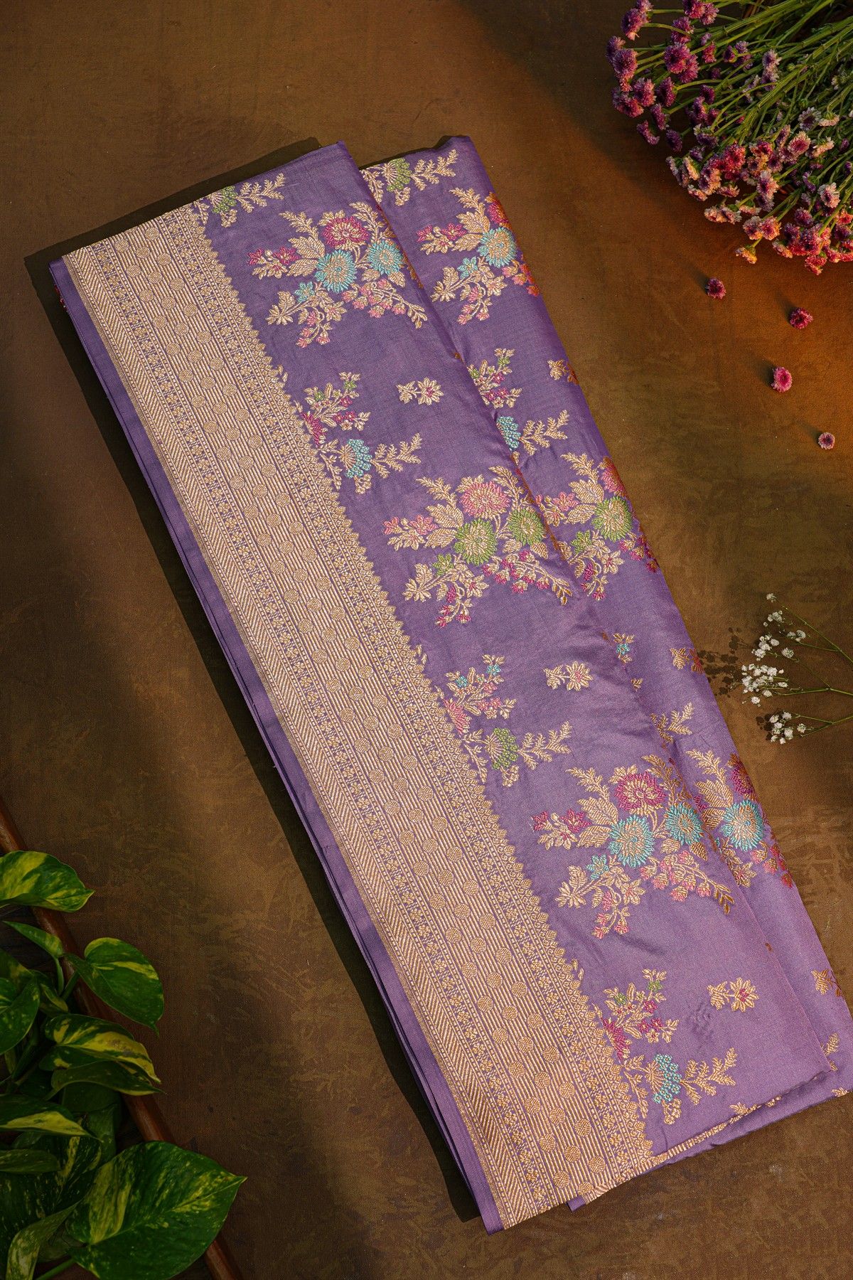 Banarasi Silk Lavender Saree With Florals And Leaves Border