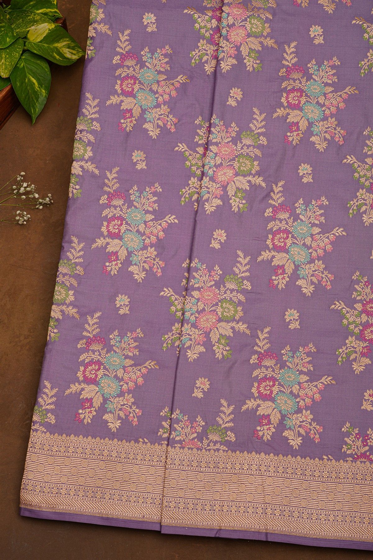 Banarasi Silk Lavender Saree With Florals And Leaves Border