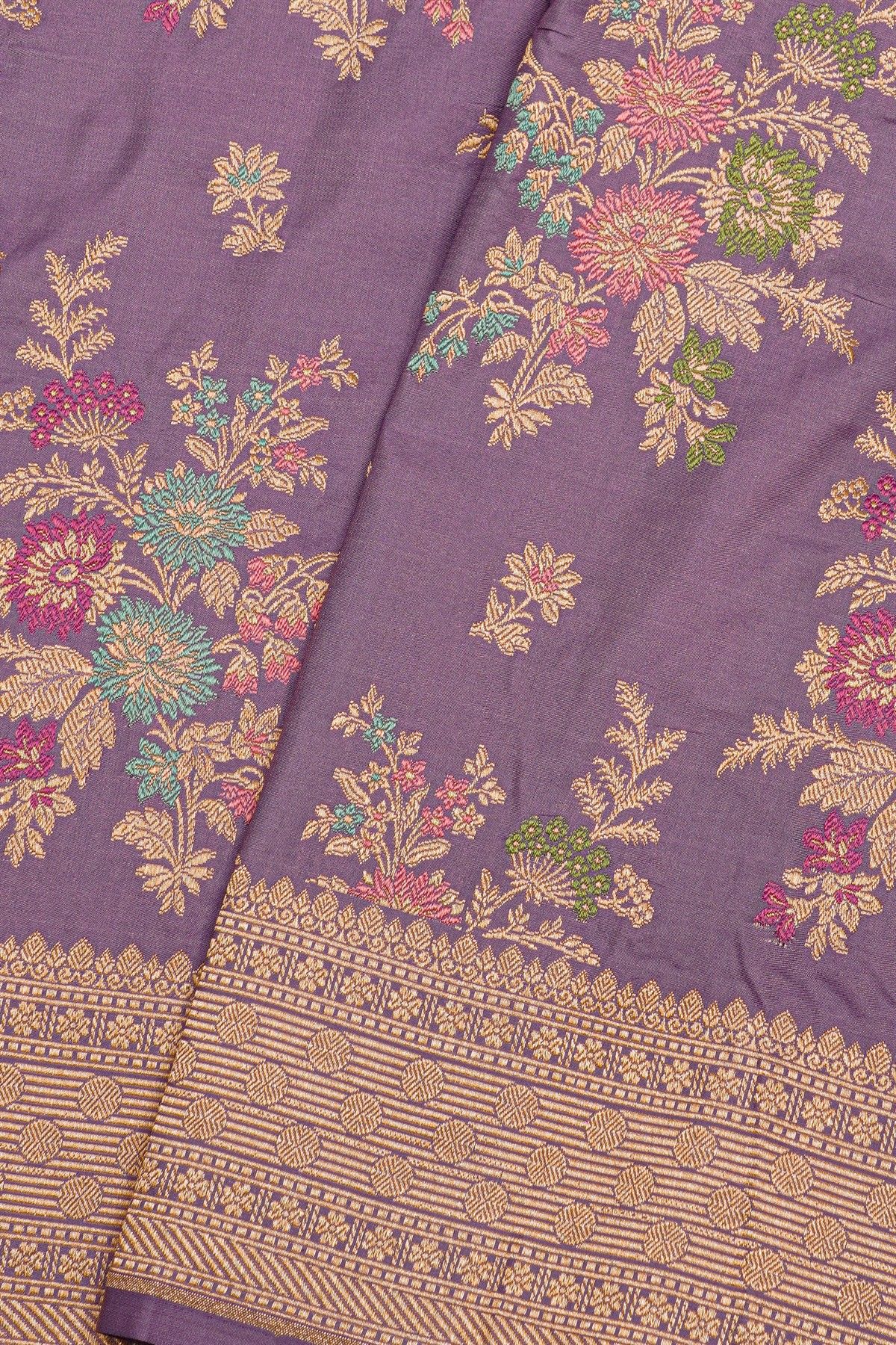 Banarasi Silk Lavender Saree With Florals And Leaves Border