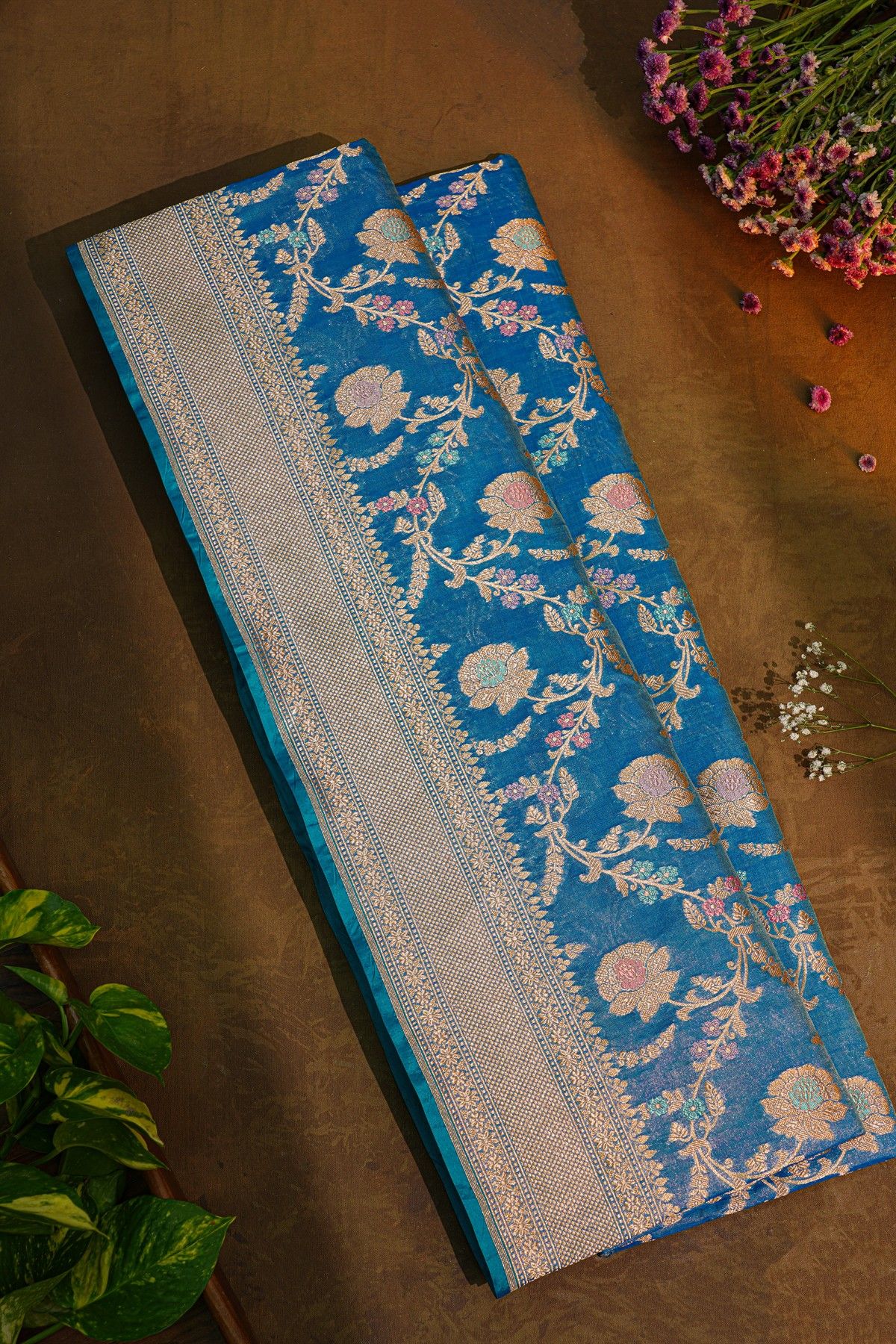 Banarasi Silk Blue Saree With Floral Brocade Pallu