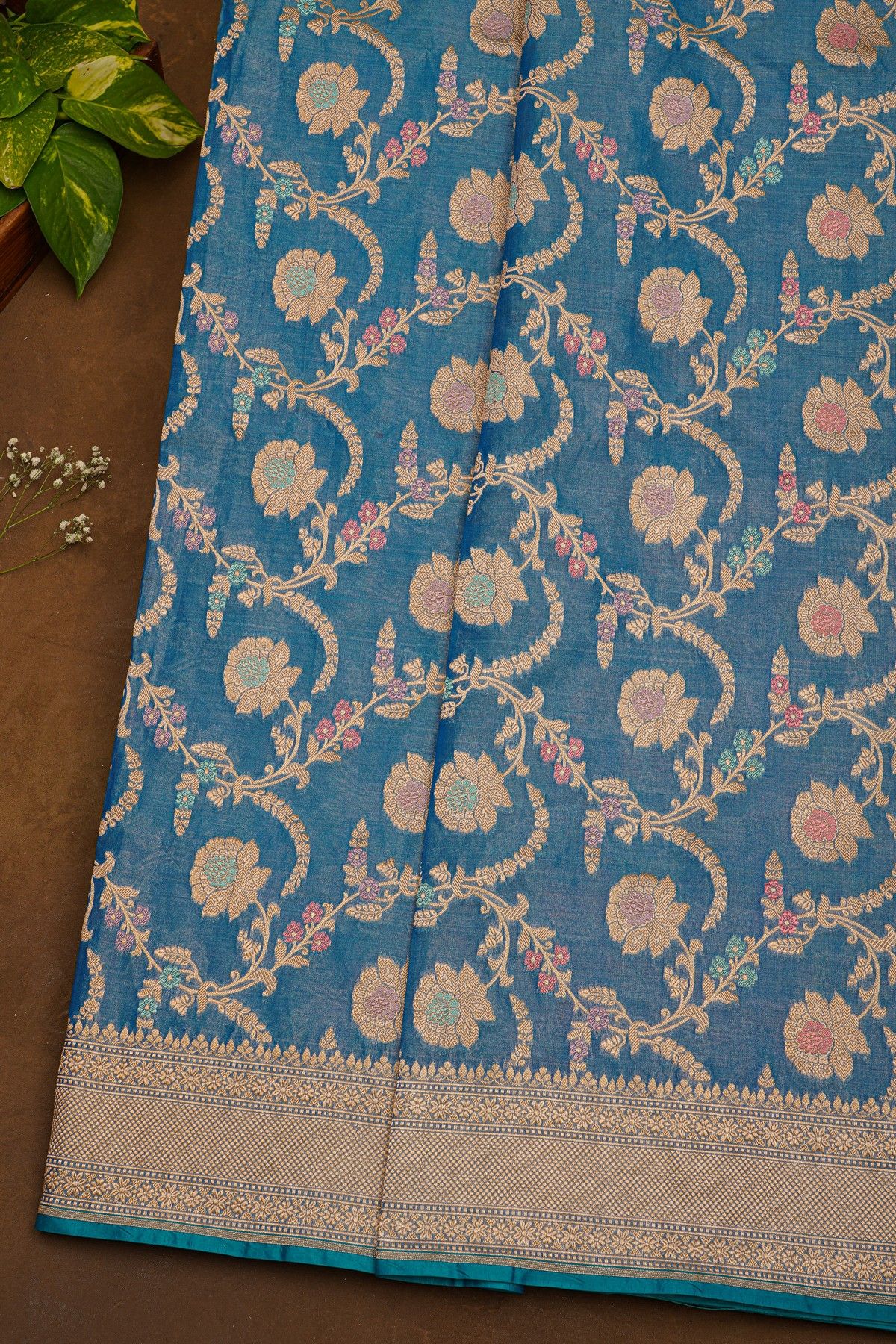 Banarasi Silk Blue Saree With Floral Brocade Pallu
