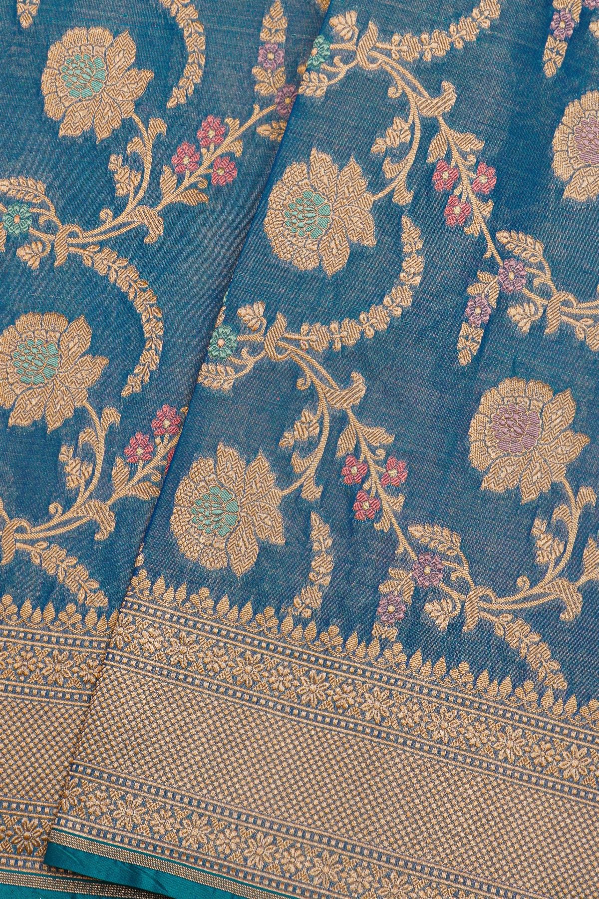 Banarasi Silk Blue Saree With Floral Brocade Pallu