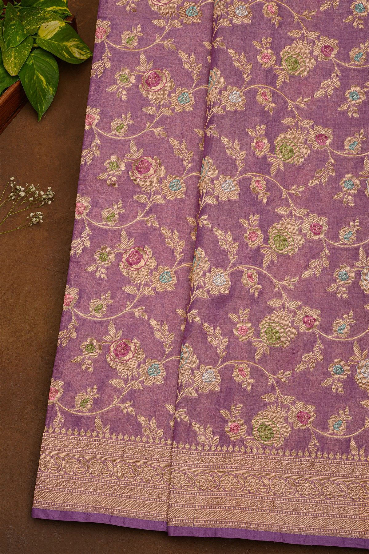 Banarasi Silk Lavender Saree With Florals And Leaves Border