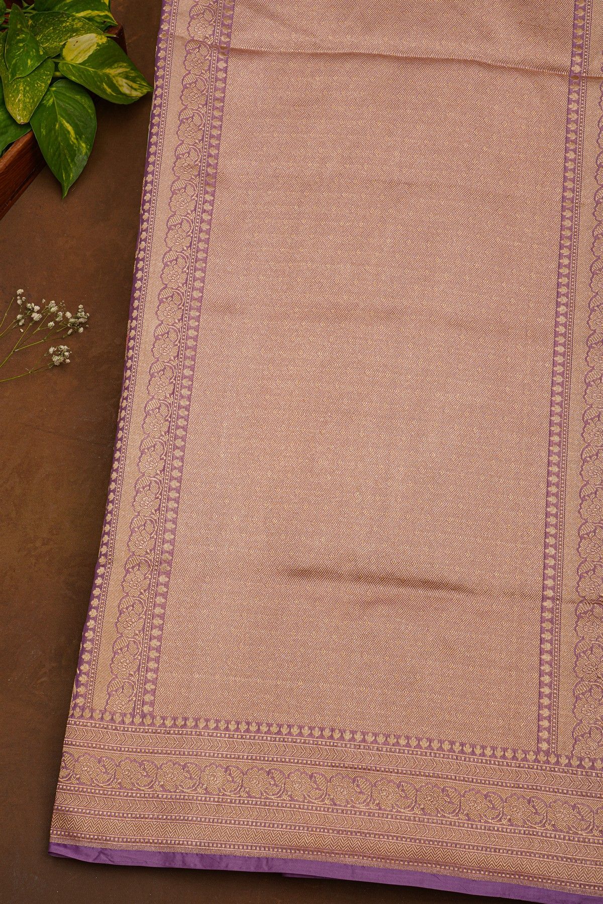 Banarasi Silk Lavender Saree With Florals And Leaves Border