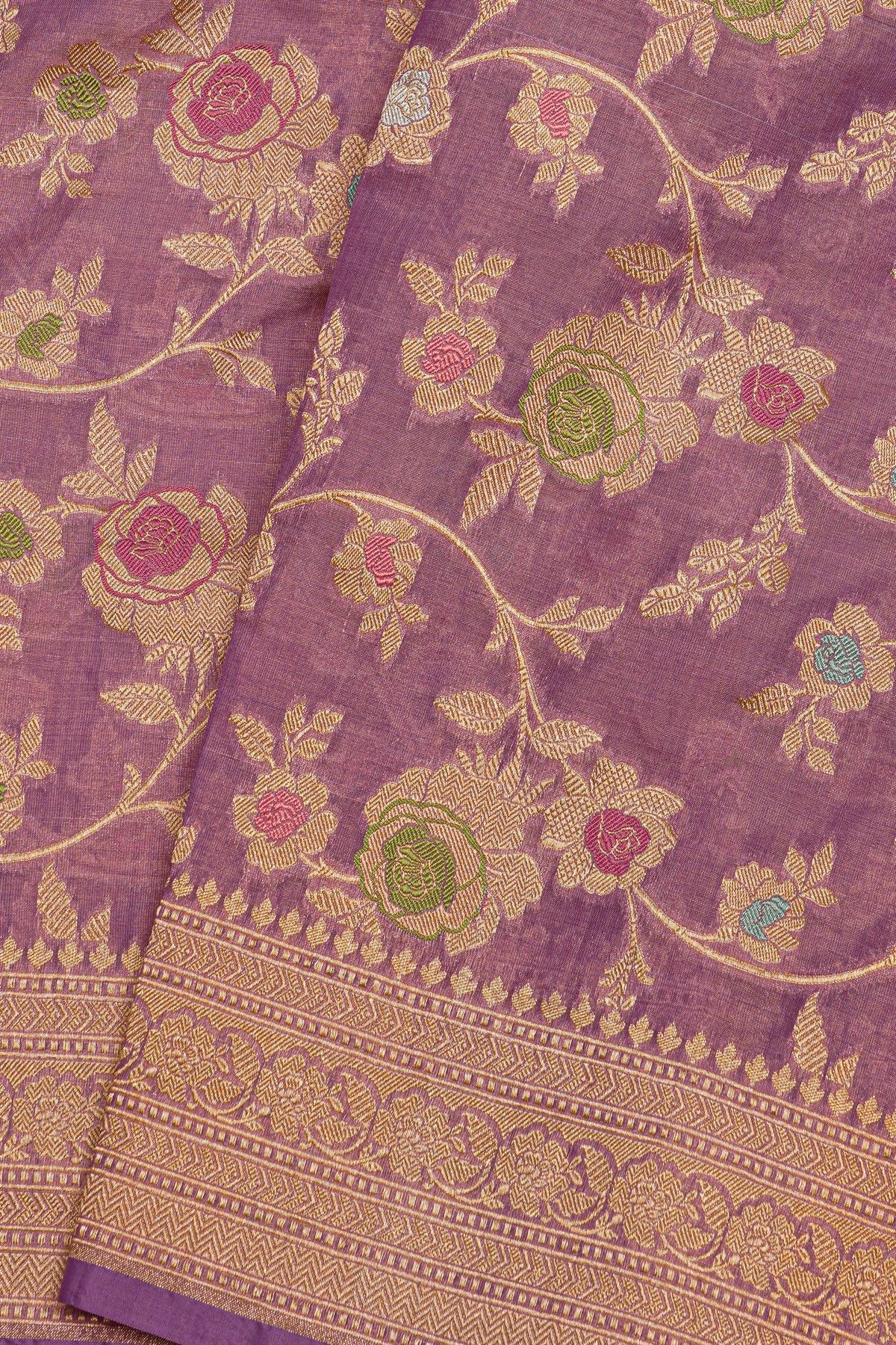 Banarasi Silk Lavender Saree With Florals And Leaves Border