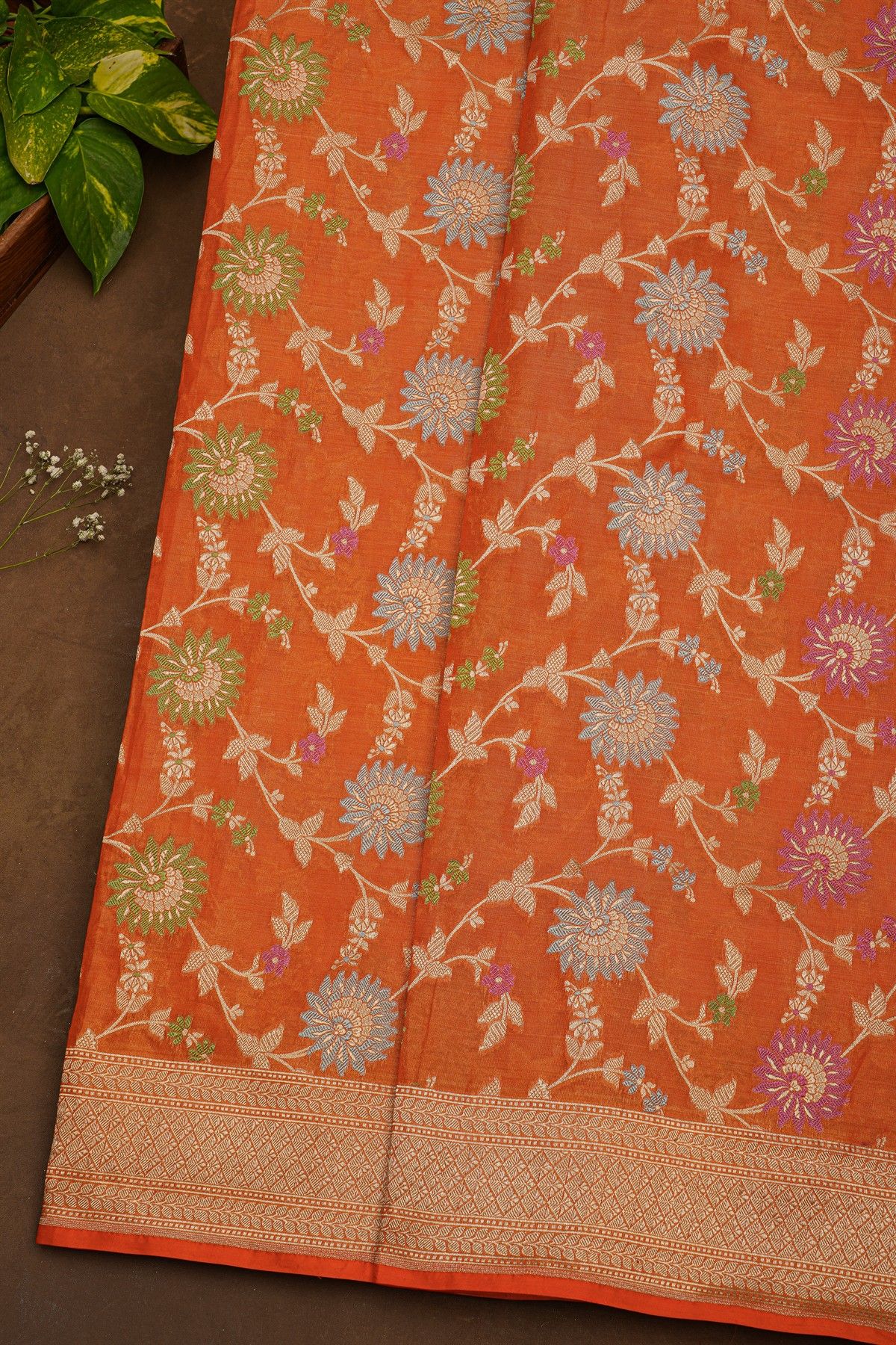 Banarasi Silk Orange Saree With Floral Brocade Pallu