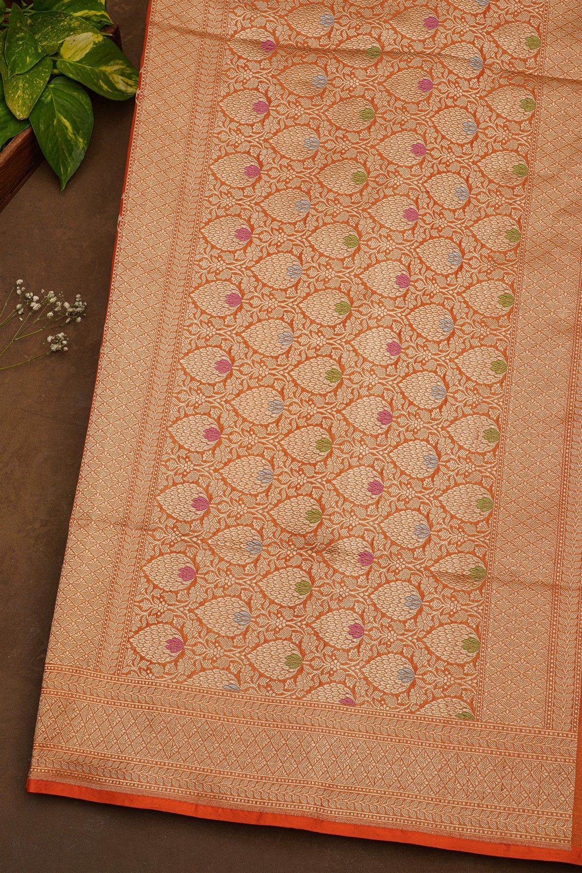 Banarasi Silk Orange Saree With Floral Brocade Pallu
