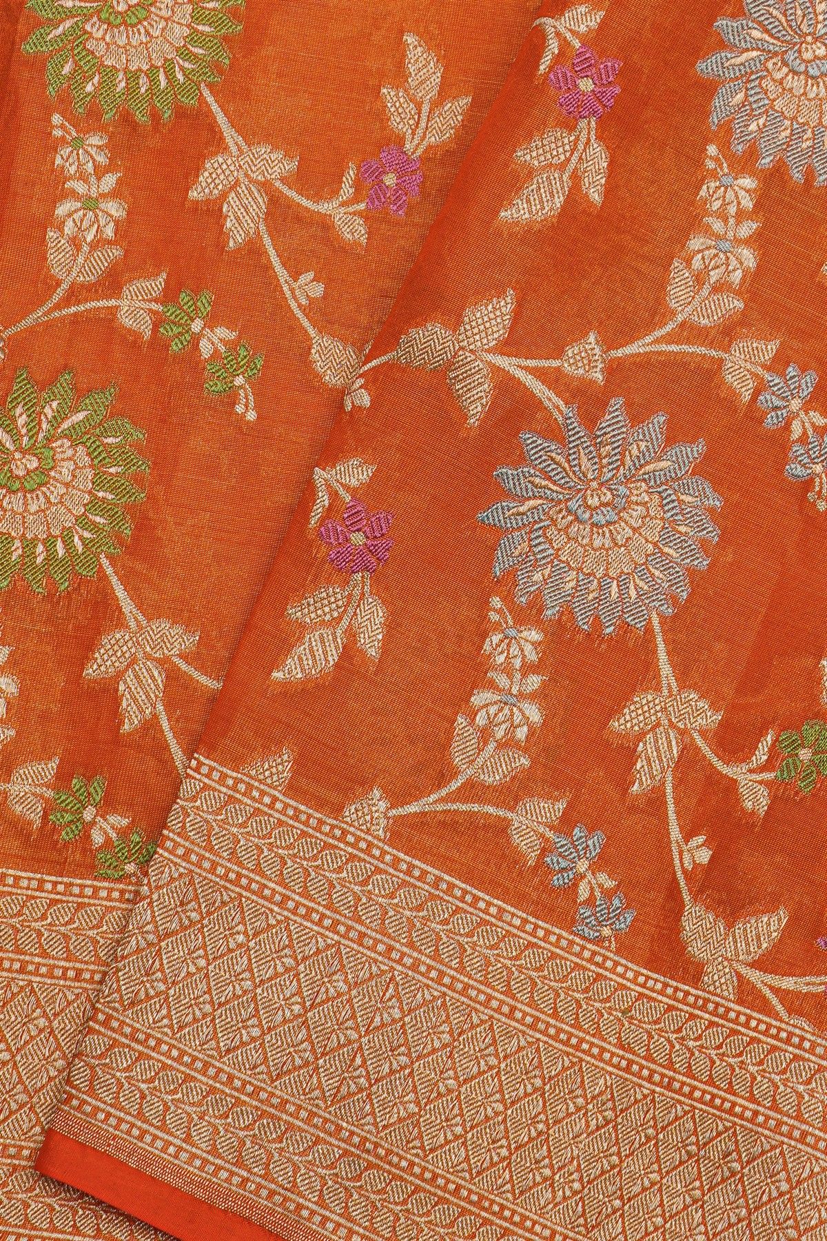 Banarasi Silk Orange Saree With Floral Brocade Pallu