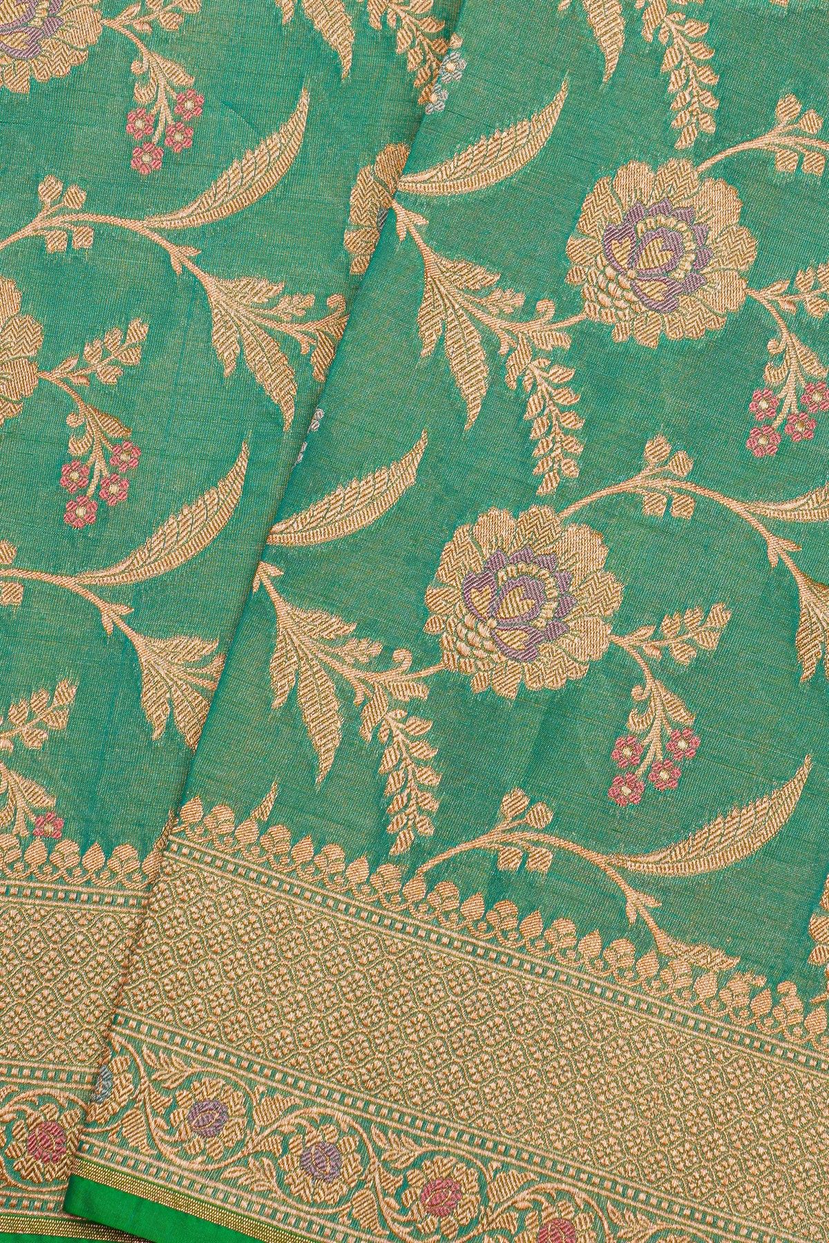 Banarasi Silk Sea Green Saree With Florals And Leaves Border