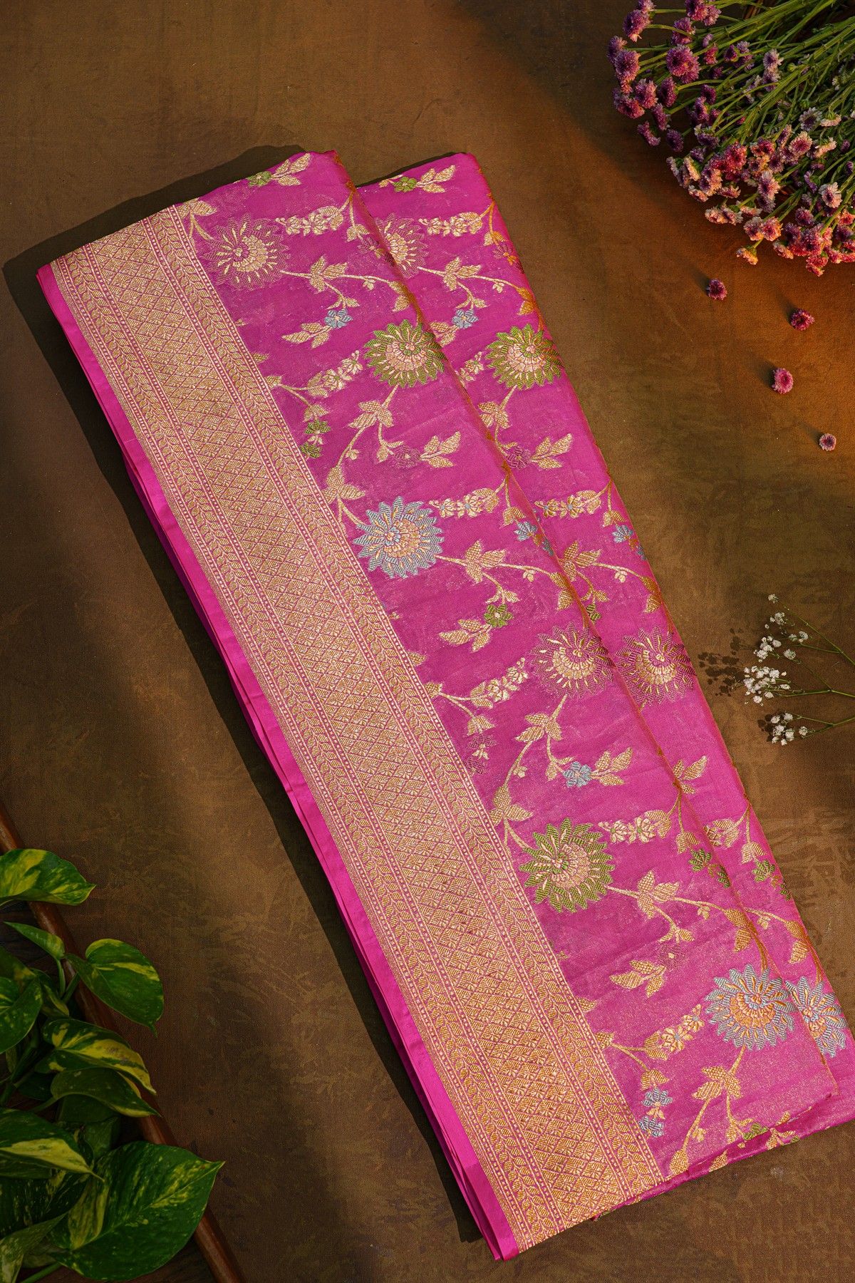 Banarasi Silk Magenta Saree With Florals And Leaves Jaal Border