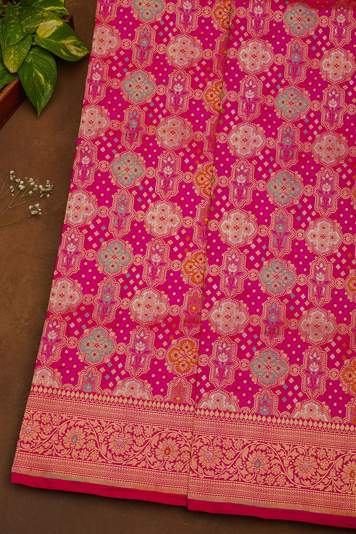 Banarasi Silk Magenta Saree With Florals And Leaves Jaal Border