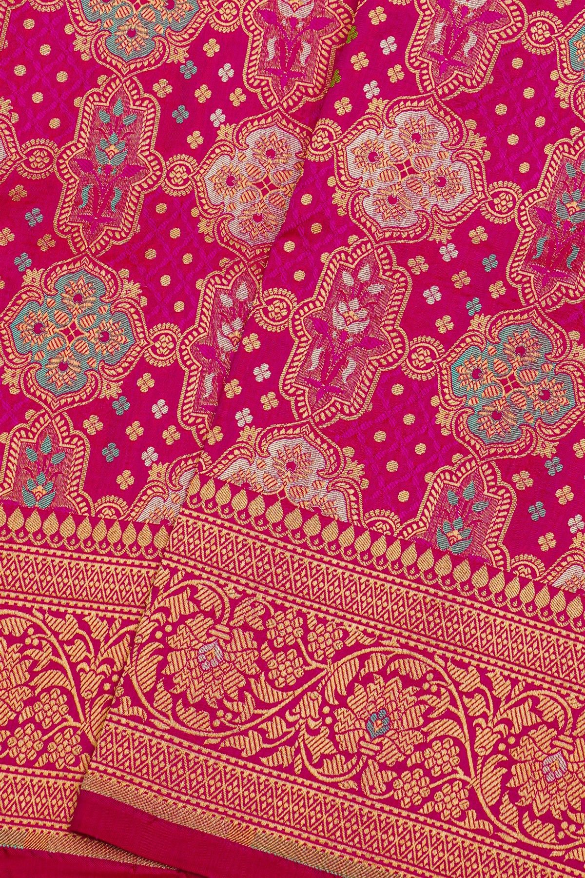 Banarasi Silk Magenta Saree With Florals And Leaves Jaal Border