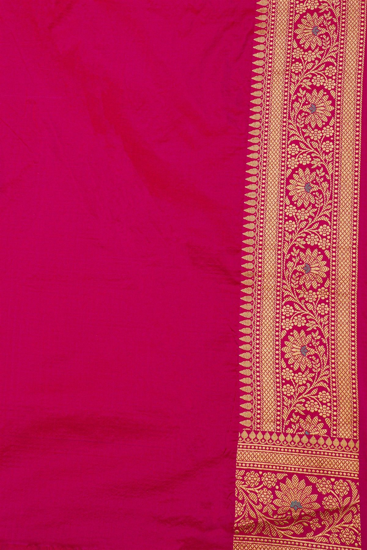 Banarasi Silk Magenta Saree With Florals And Leaves Jaal Border