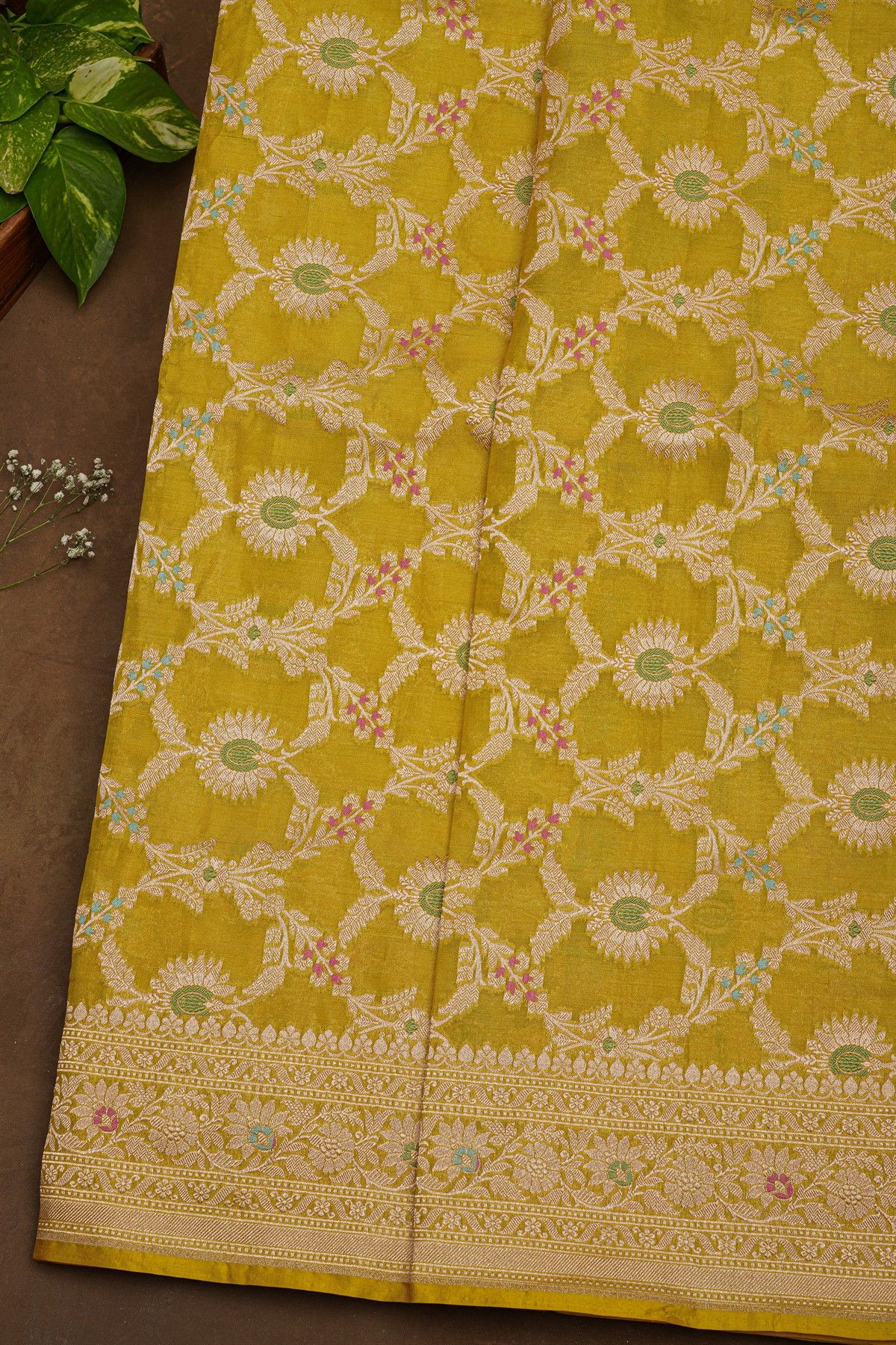 Banarasi Silk Mehendi Green Saree With Florals And Leaves Border
