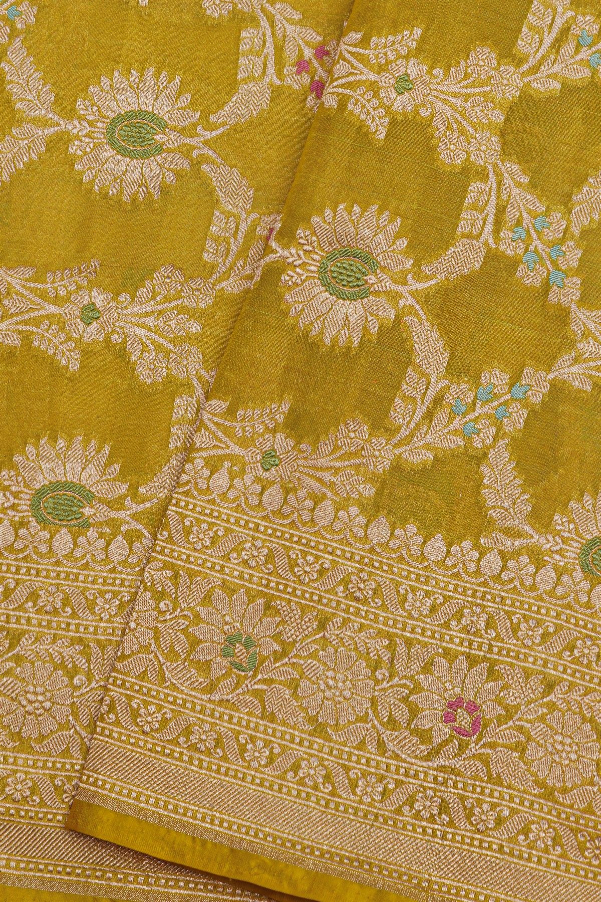 Banarasi Silk Mehendi Green Saree With Florals And Leaves Border