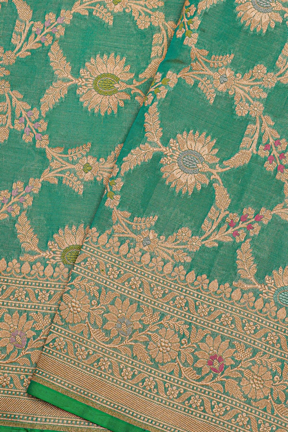 Banarasi Silk Sea Green Saree With Floral And Leaves Jaal Border