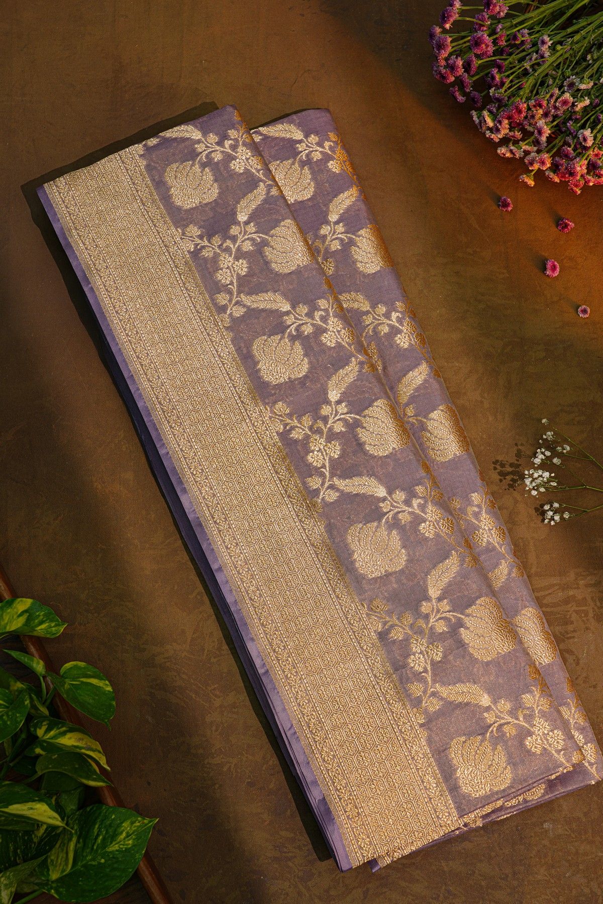 Banarasi Silk Lavender Saree With Floral And Leaves Border