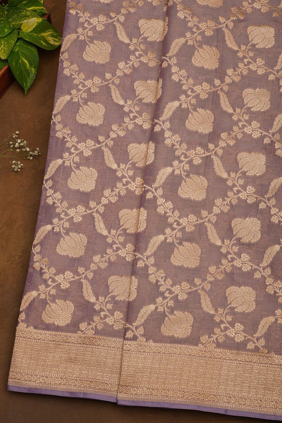 Banarasi Silk Lavender Saree With Floral And Leaves Border