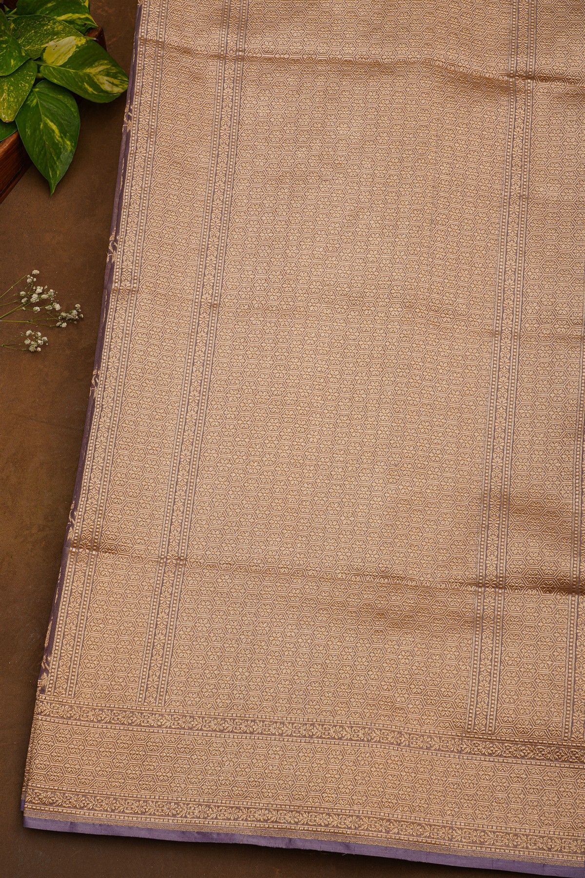 Banarasi Silk Lavender Saree With Floral And Leaves Border