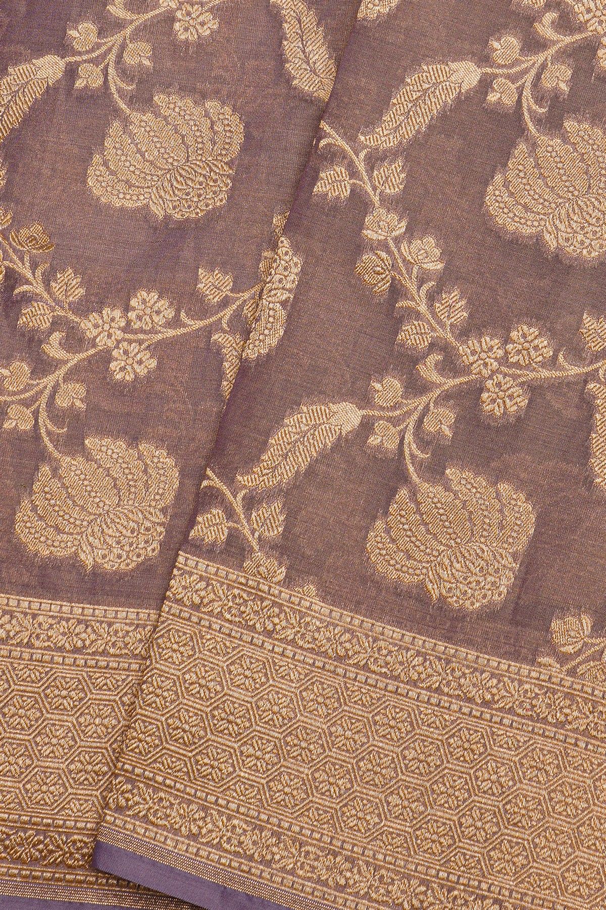 Banarasi Silk Lavender Saree With Floral And Leaves Border