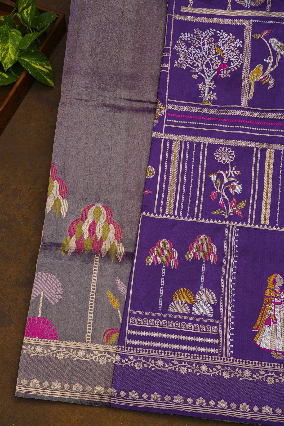 Banarasi Silk Violet Saree With Florals And Women’s Motifs Body