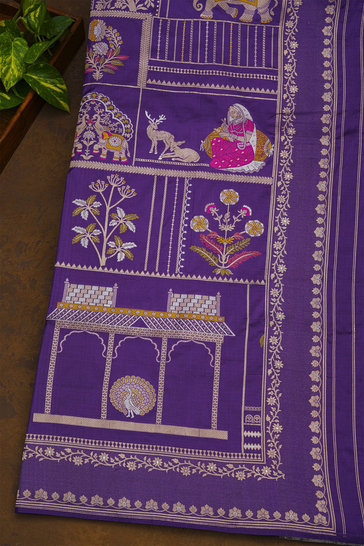Banarasi Silk Violet Saree With Florals And Women’s Motifs Body