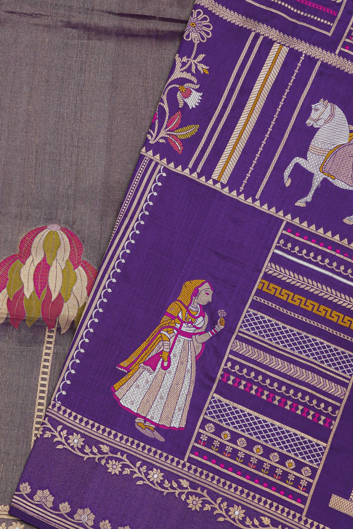 Banarasi Silk Violet Saree With Florals And Women’s Motifs Body