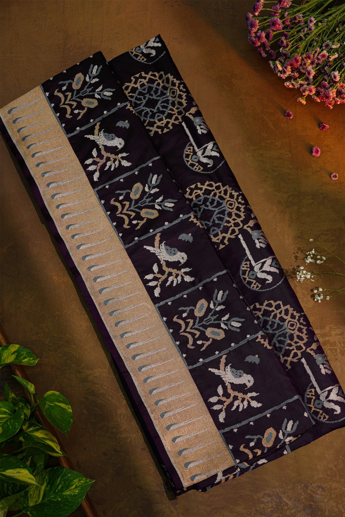 Banarasi Silk Navy Blue Saree With Muniya Buttis Zari Border