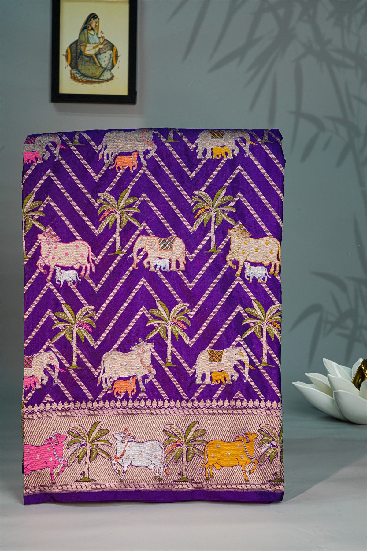 Banarasi Silk Purple Saree With Floral And Cow Motif Border
