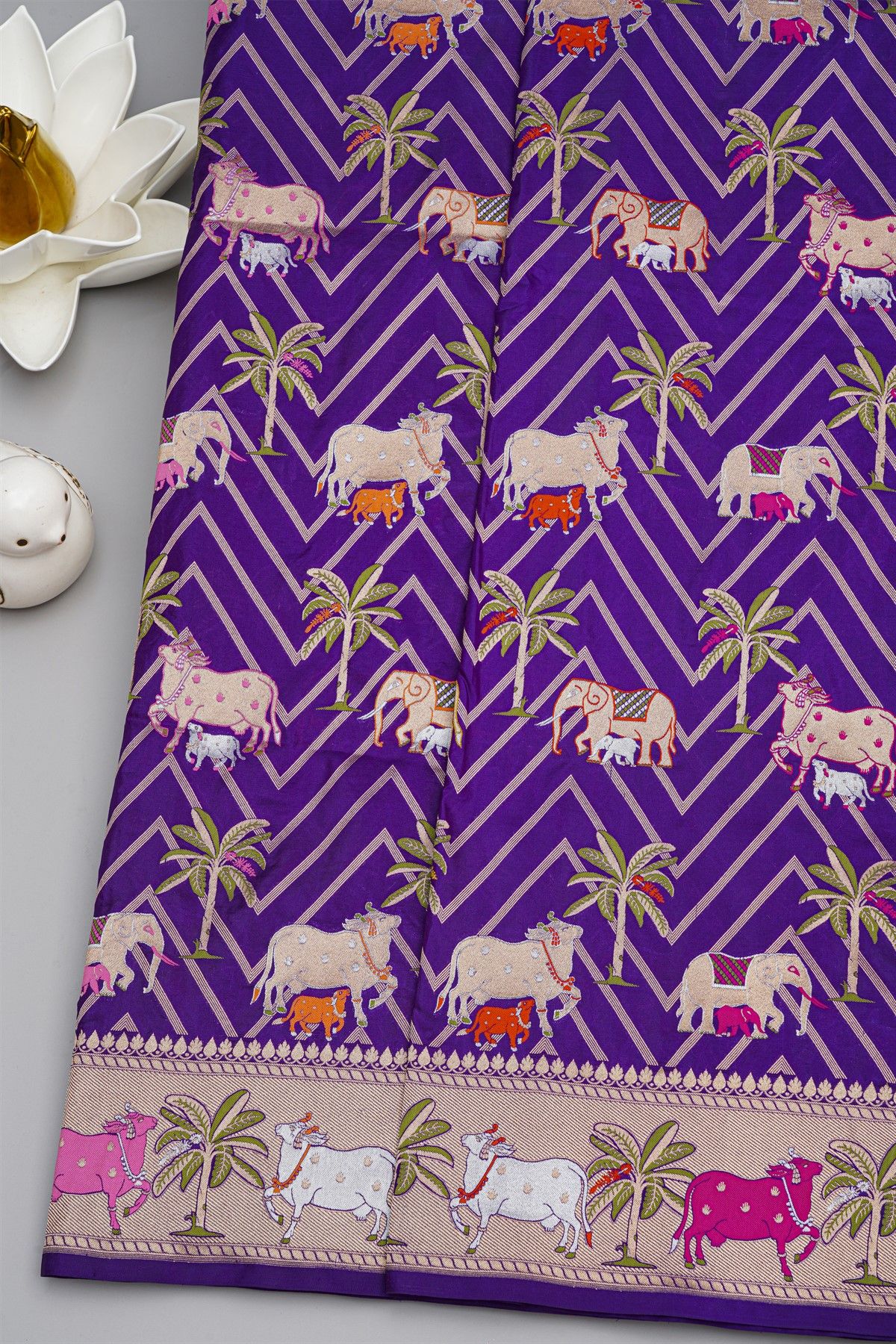 Banarasi Silk Purple Saree With Floral And Cow Motif Border