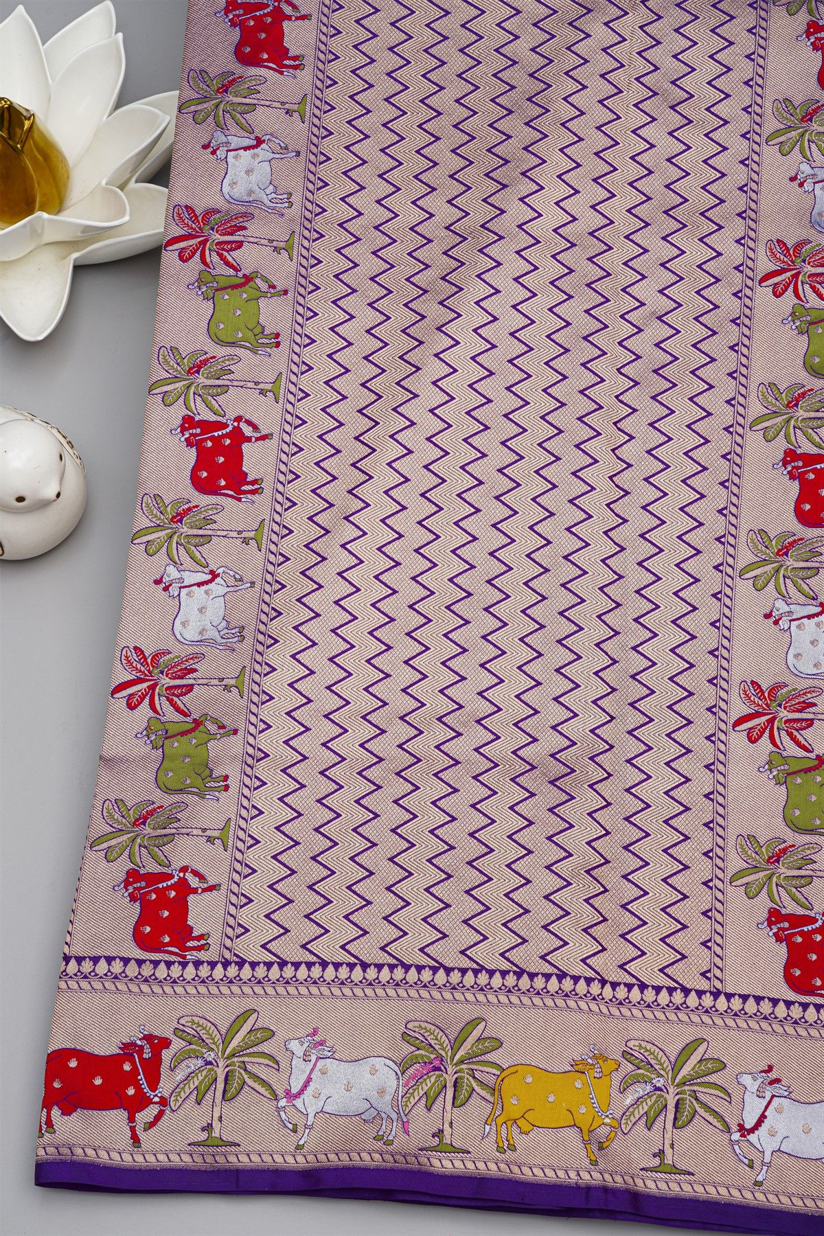 Banarasi Silk Purple Saree With Floral And Cow Motif Border
