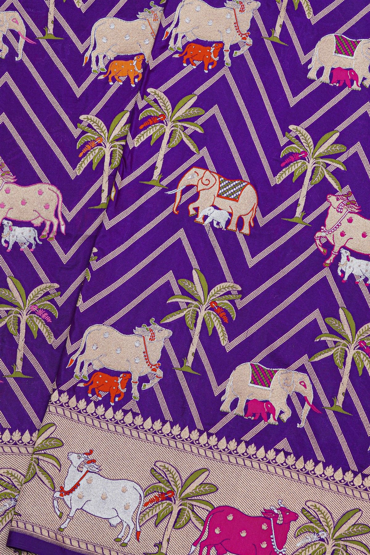 Banarasi Silk Purple Saree With Floral And Cow Motif Border