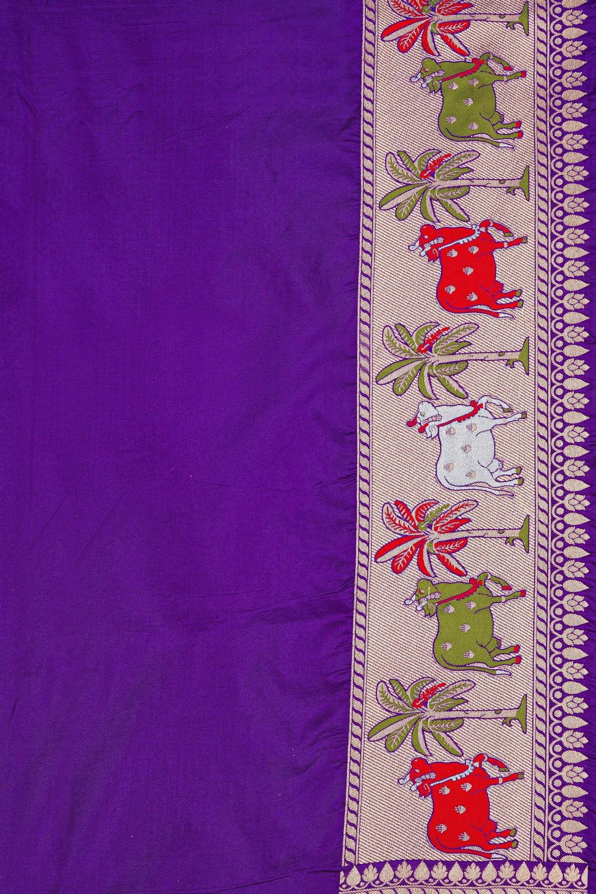 Banarasi Silk Purple Saree With Floral And Cow Motif Border