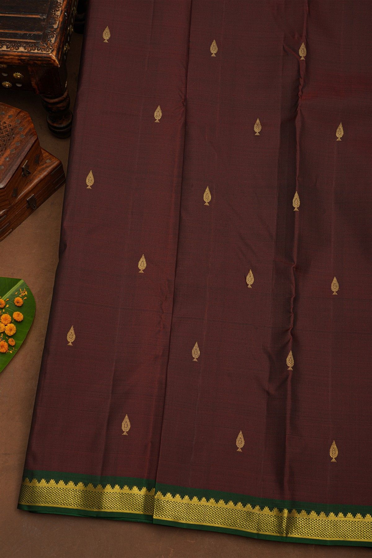 Kancheepuram Pure Silk Brown Saree With Buttis Body Temple Border