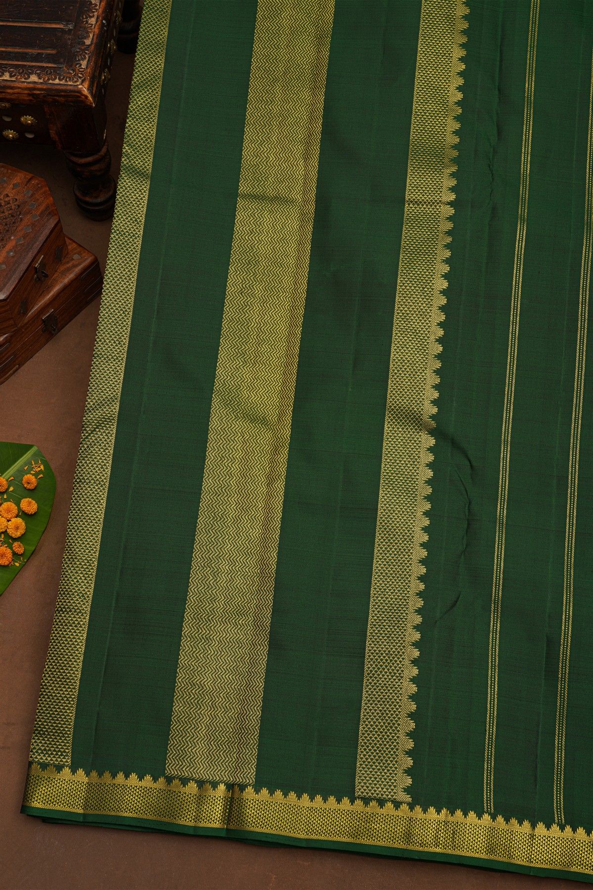 Kancheepuram Pure Silk Brown Saree With Buttis Body Temple Border