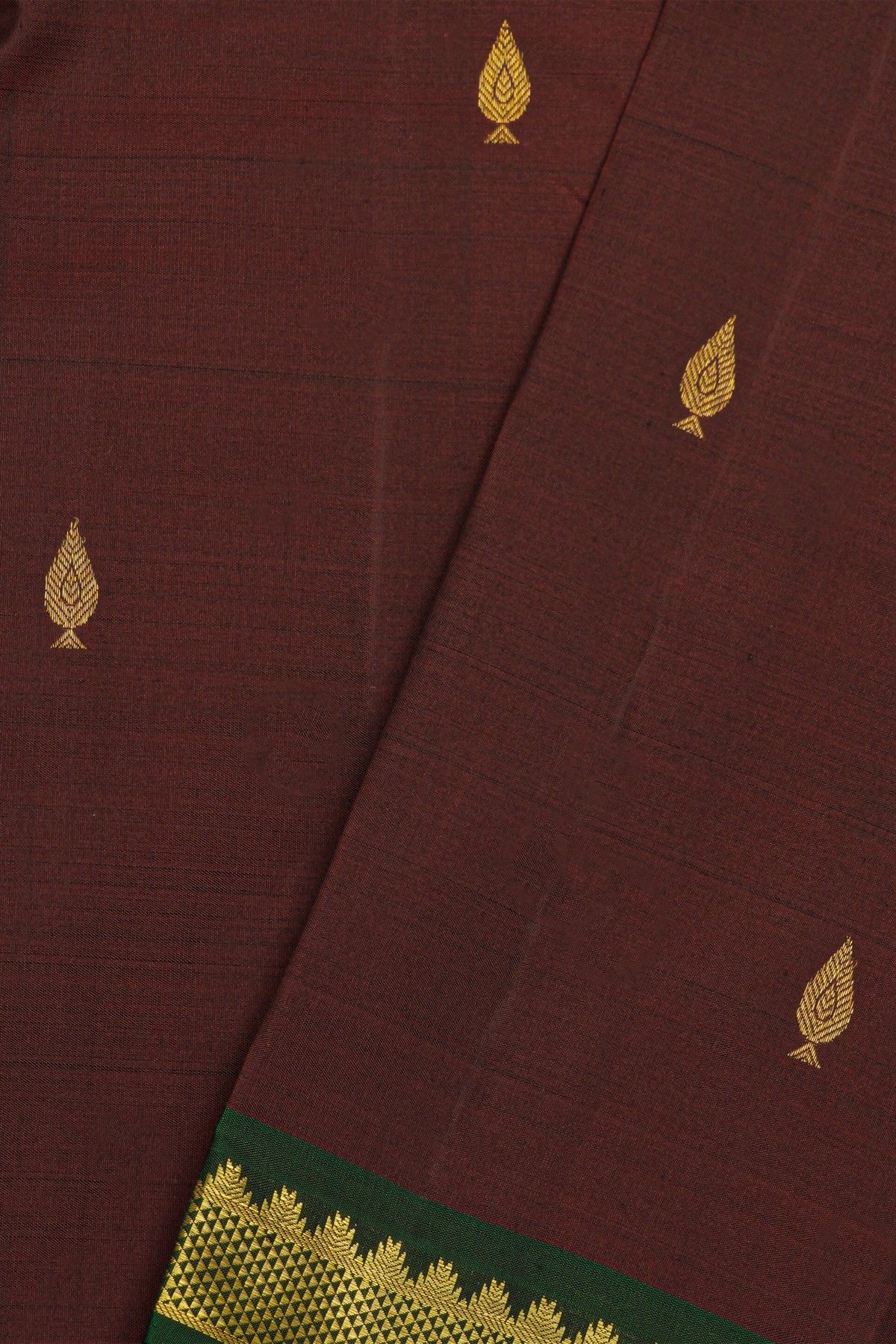 Kancheepuram Pure Silk Brown Saree With Buttis Body Temple Border