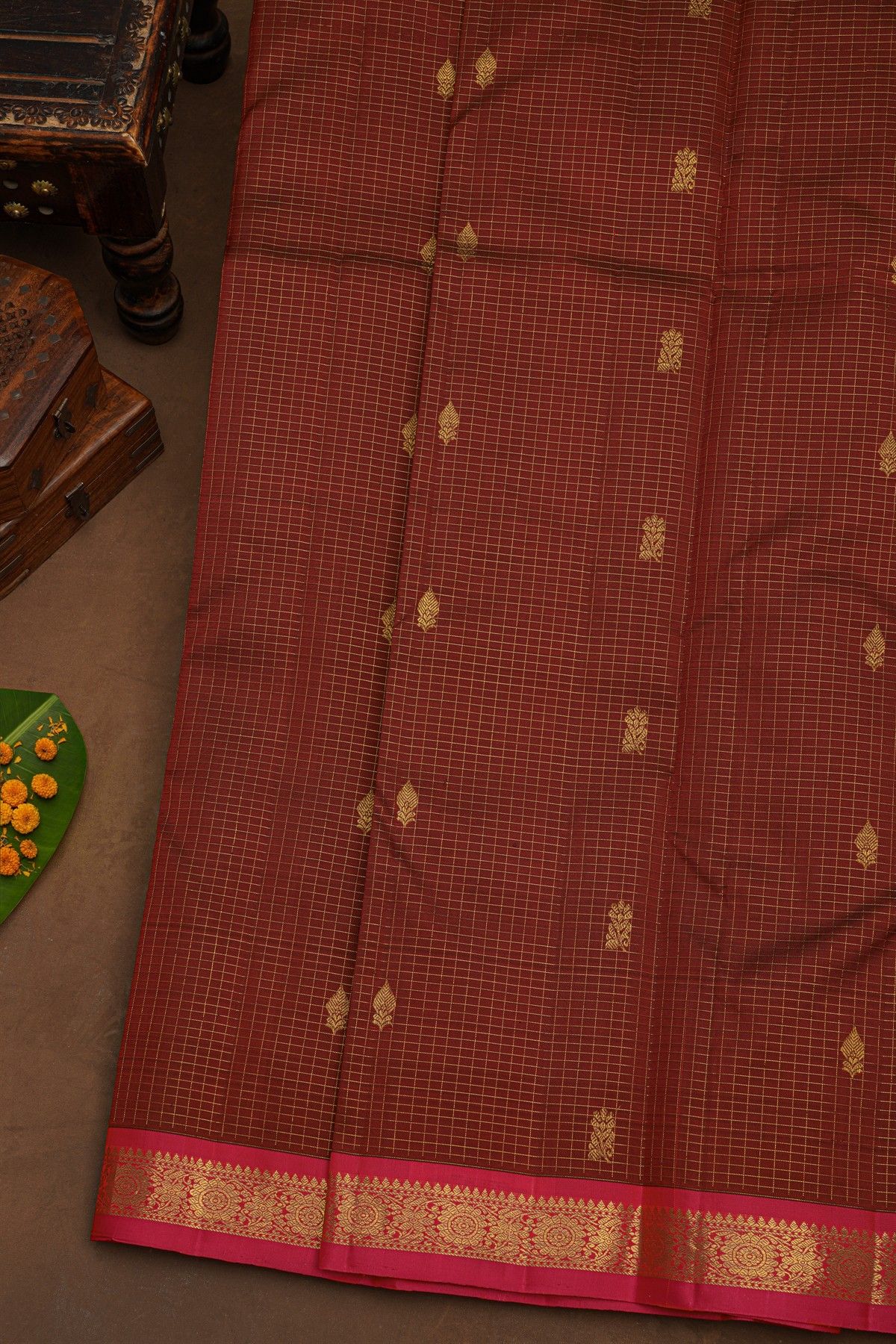Kancheepuram Pure Silk Maroon Saree With Floral And Leaves Jaal Border