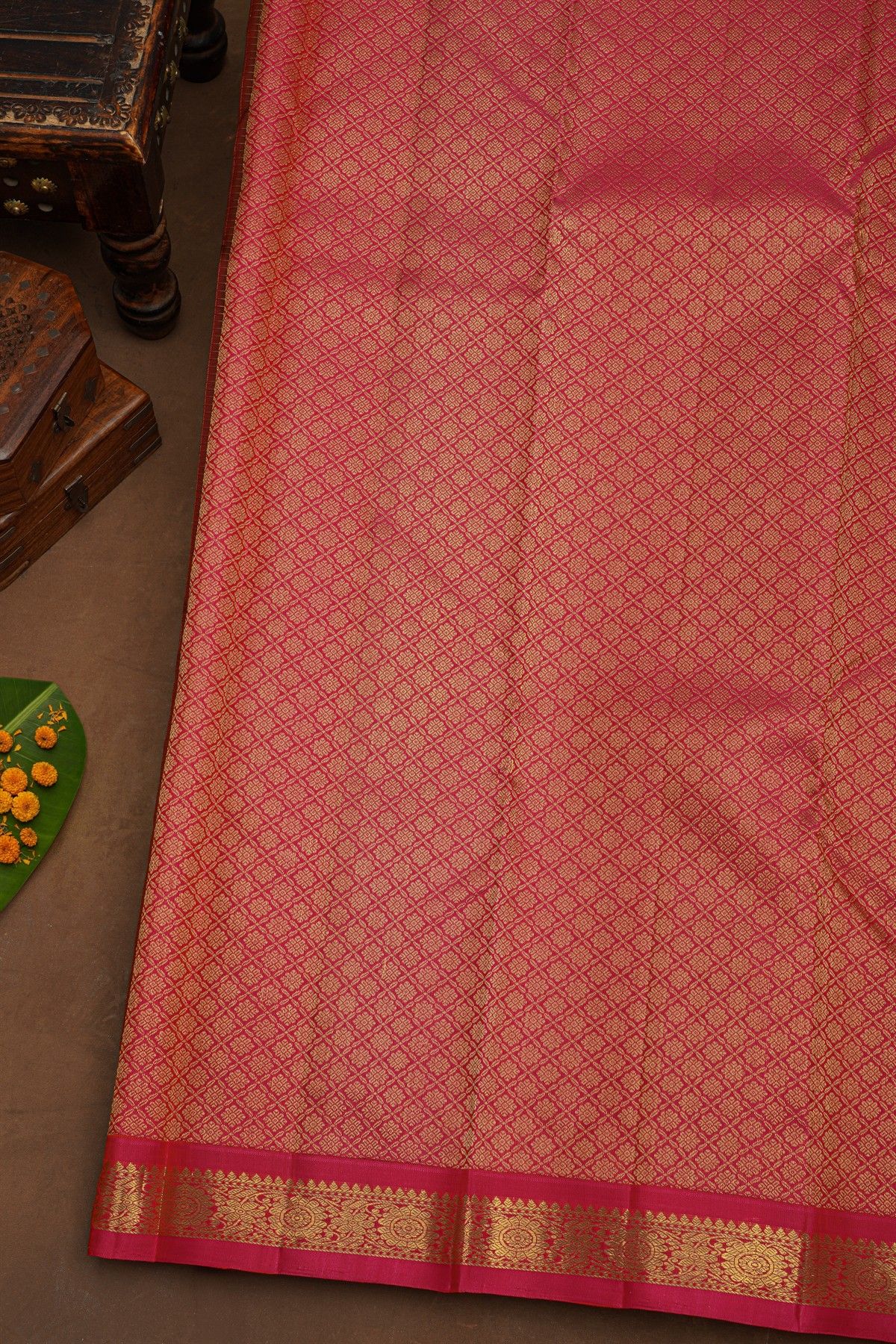 Kancheepuram Pure Silk Maroon Saree With Floral And Leaves Jaal Border