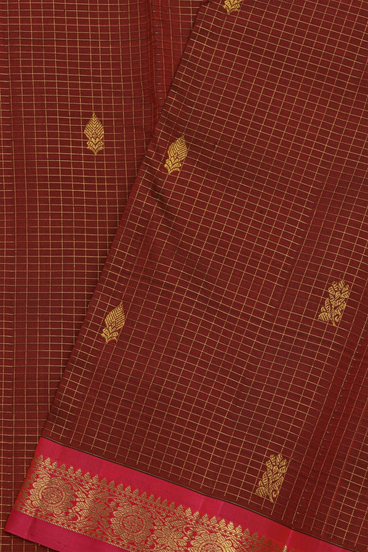 Kancheepuram Pure Silk Maroon Saree With Floral And Leaves Jaal Border