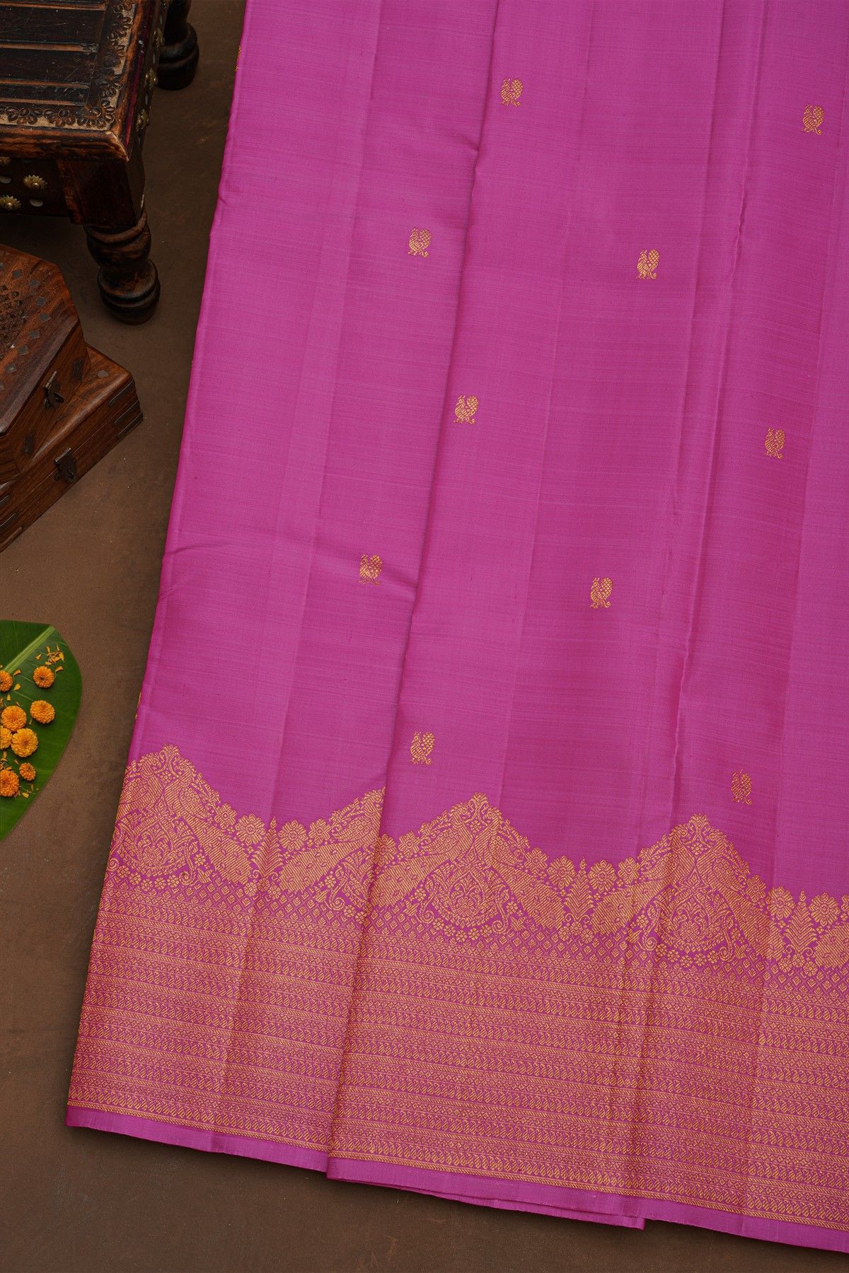 Kancheepuram Pure Silk Pink Saree With Florals And Leaves With Peacocks In Zari Border