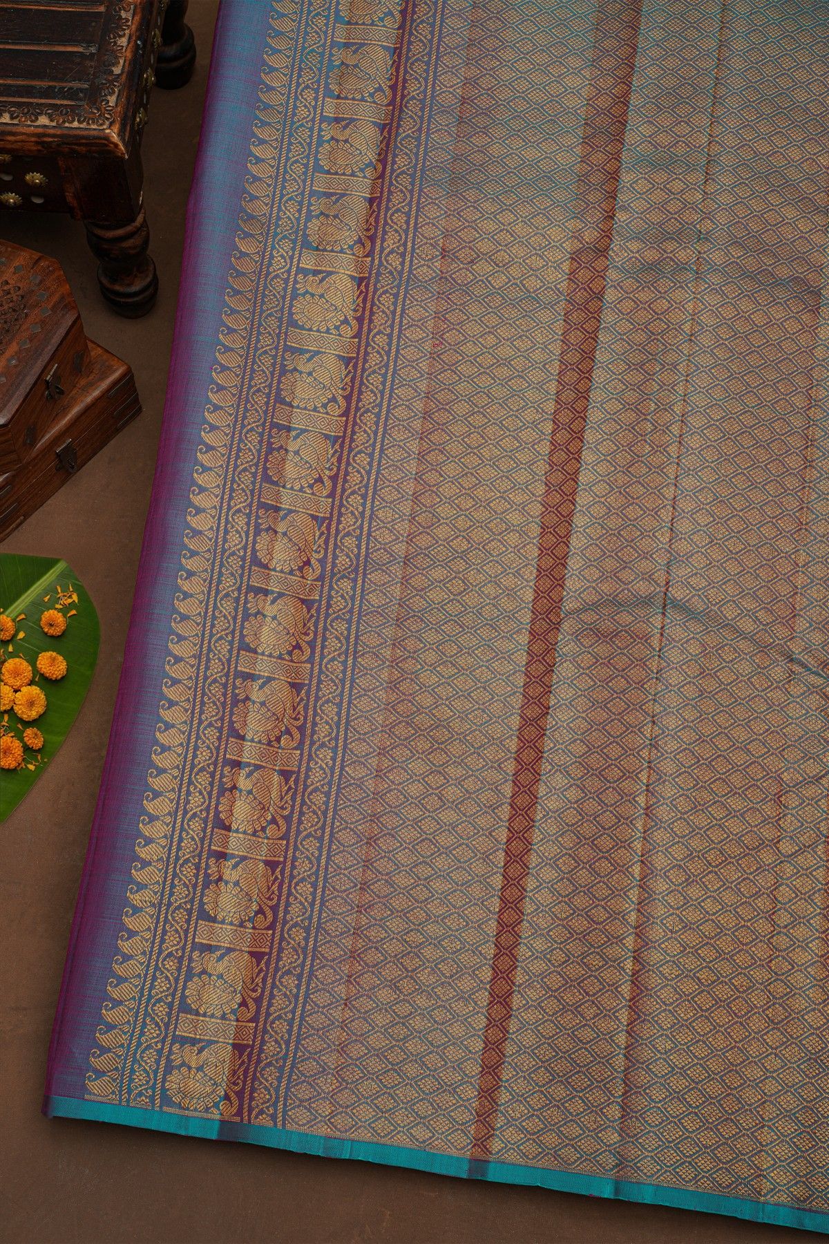 Kancheepuram Pure Silk Pink Saree With Florals And Leaves With Peacocks In Zari Border