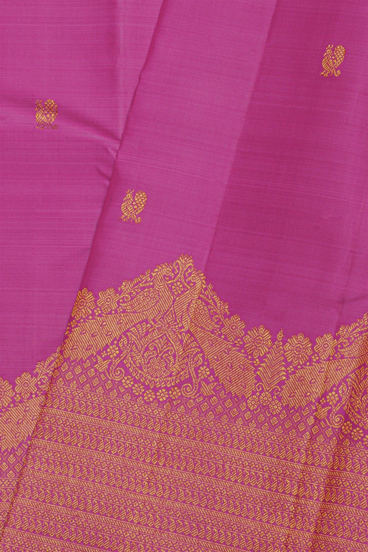 Kancheepuram Pure Silk Pink Saree With Florals And Leaves With Peacocks In Zari Border