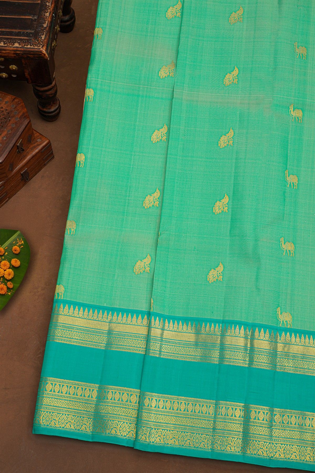 Kancheepuram Pure Silk Sea Green Saree With Florals And Leaves Traditional Gap Border